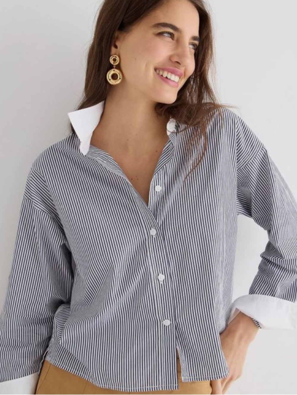 J. Crew Blue and White Cropped Pinstripe Button-Down Shirt!